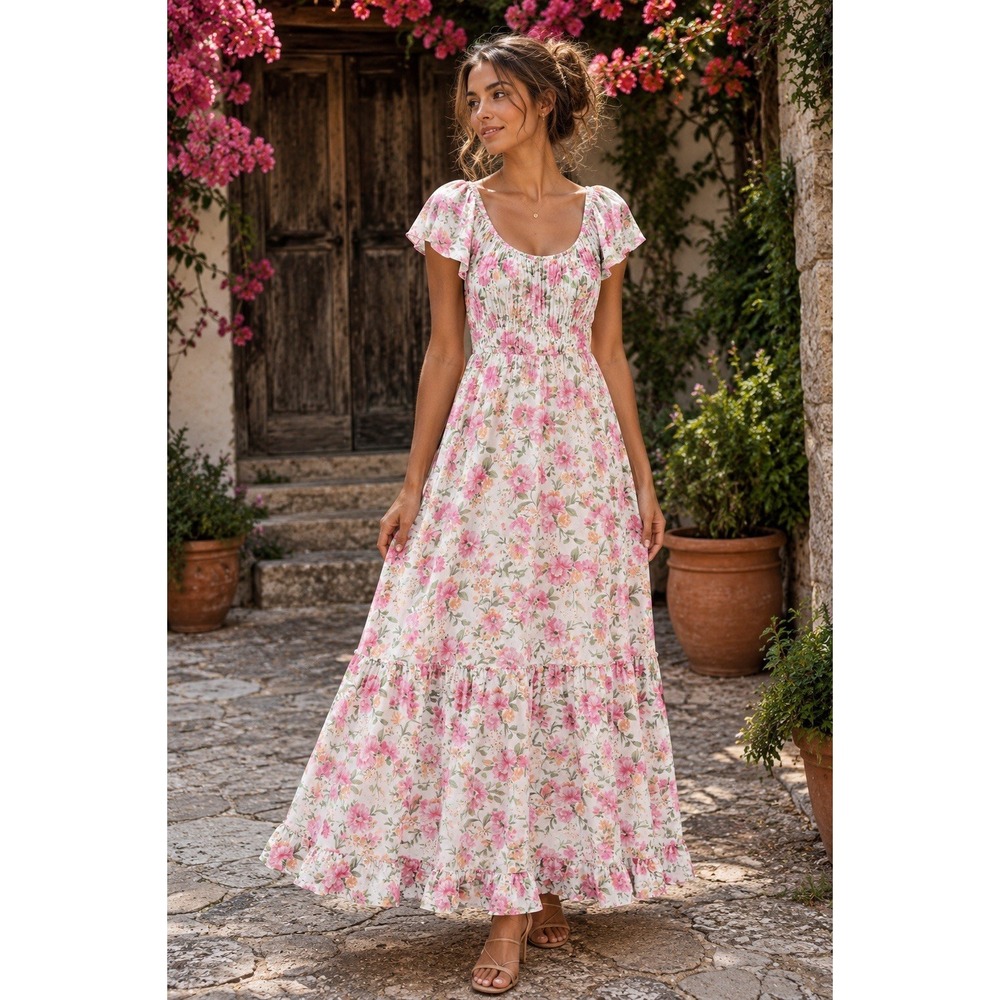 MINE Floral Maxi Dress Pink Cottagecore S Smocked Puff Sleeve Prairie Boho GG02